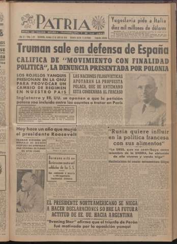 'Patria : diario de Falange Española Tradicionalista y de las J.O.N.S.' - Año XI Número 2ed_2921 - 1946 abril 12