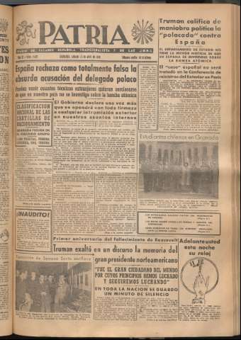 'Patria : diario de Falange Española Tradicionalista y de las J.O.N.S.' - Año XI Número 2922 - 1946 abril 13