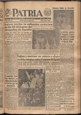 'Patria : diario de Falange Española Tradicionalista y de las J.O.N.S.' - Año XI Número 2924 - 1946 abril 16