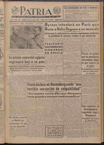 'Patria : diario de Falange Española Tradicionalista y de las J.O.N.S.' - Año XI Número 2ed_2926 - 1946 abril 18