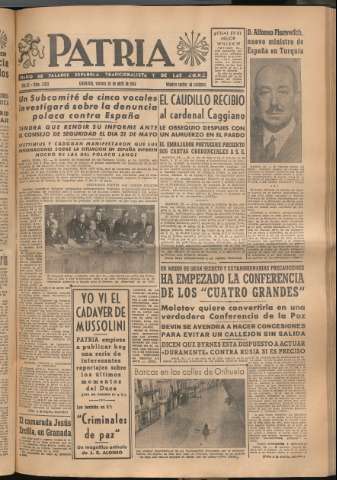 'Patria : diario de Falange Española Tradicionalista y de las J.O.N.S.' - Año XI Número 2932 - 1946 abril 26
