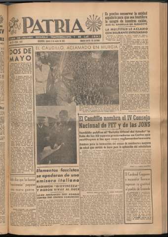 'Patria : diario de Falange Española Tradicionalista y de las J.O.N.S.' - Año XI Número 2937 - 1946 mayo 2