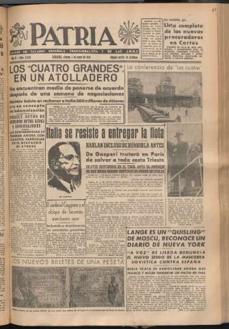 'Patria : diario de Falange Española Tradicionalista y de las J.O.N.S.' - Año XI Número 2938 - 1946 mayo 3