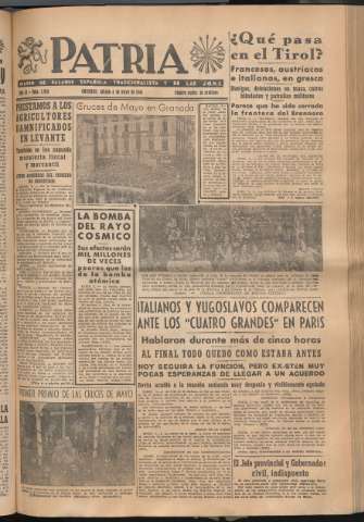 'Patria : diario de Falange Española Tradicionalista y de las J.O.N.S.' - Año XI Número 2939 - 1946 mayo 4