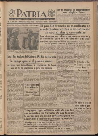 'Patria : diario de Falange Española Tradicionalista y de las J.O.N.S.' - Año XI Número 2ed_2940 - 1946 mayo 6