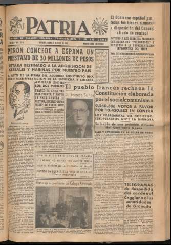 'Patria : diario de Falange Española Tradicionalista y de las J.O.N.S.' - Año XI Número 2941 - 1946 mayo 7