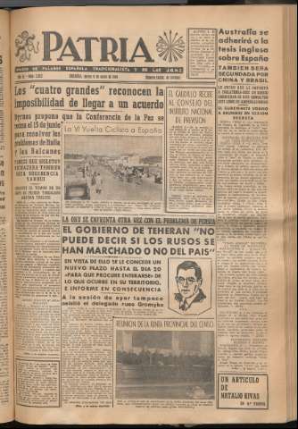 'Patria : diario de Falange Española Tradicionalista y de las J.O.N.S.' - Año XI Número 2943 - 1946 mayo 9