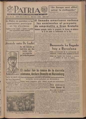 'Patria : diario de Falange Española Tradicionalista y de las J.O.N.S.' - Año XI Número 2ed_2943 - 1946 mayo 9