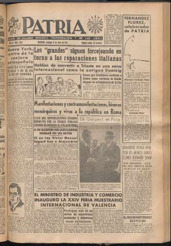 'Patria : diario de Falange Española Tradicionalista y de las J.O.N.S.' - Año XI Número 2946 - 1946 mayo 12