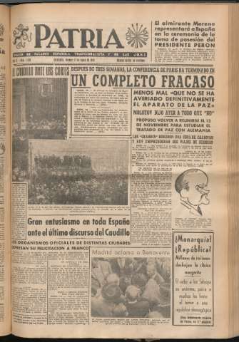 'Patria : diario de Falange Española Tradicionalista y de las J.O.N.S.' - Año XI Número 2950 - 1946 mayo 17