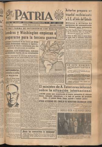 'Patria : diario de Falange Española Tradicionalista y de las J.O.N.S.' - Año XI Número 2951 - 1946 mayo 18