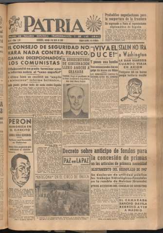 'Patria : diario de Falange Española Tradicionalista y de las J.O.N.S.' - Año XI Número 2963 - 1946 junio 1