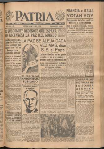 'Patria : diario de Falange Española Tradicionalista y de las J.O.N.S.' - Año XI Número 2964 - 1946 junio 2