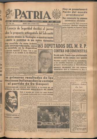 'Patria : diario de Falange Española Tradicionalista y de las J.O.N.S.' - Año XI Número 2965 - 1946 junio 4