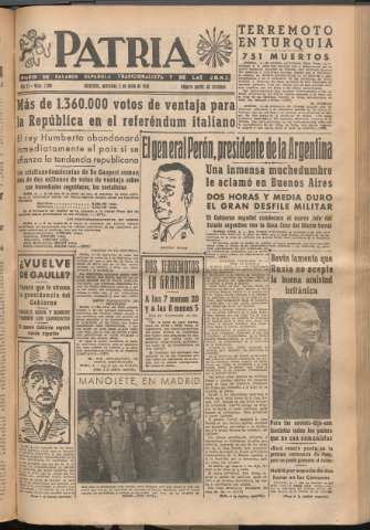 'Patria : diario de Falange Española Tradicionalista y de las J.O.N.S.' - Año XI Número 2966 - 1946 junio 5