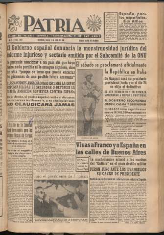 'Patria : diario de Falange Española Tradicionalista y de las J.O.N.S.' - Año XI Número 2967 - 1946 junio 6