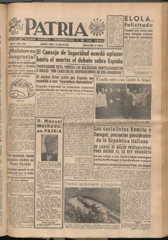 'Patria : diario de Falange Española Tradicionalista y de las J.O.N.S.' - Año XI Número 2968 - 1946 junio 7