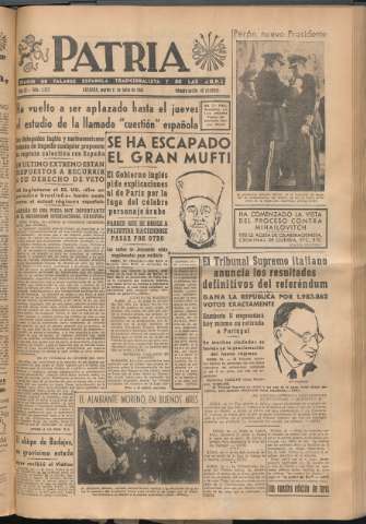 'Patria : diario de Falange Española Tradicionalista y de las J.O.N.S.' - Año XI Número 2972 - 1946 junio 11