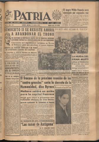 'Patria : diario de Falange Española Tradicionalista y de las J.O.N.S.' - Año XI Número 2973 - 1946 junio 12