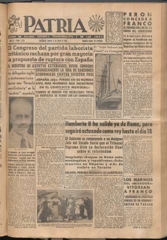 'Patria : diario de Falange Española Tradicionalista y de las J.O.N.S.' - Año XI Número 2974 - 1946 junio 13