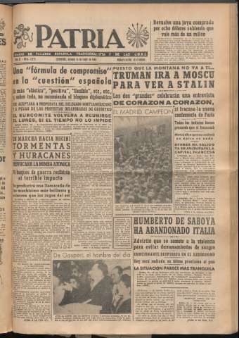 'Patria : diario de Falange Española Tradicionalista y de las J.O.N.S.' - Año XI Número 2975 - 1946 junio 14