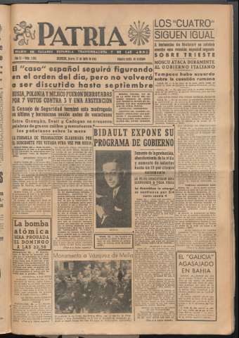 'Patria : diario de Falange Española Tradicionalista y de las J.O.N.S.' - Año XI Número 2985 - 1946 junio 27