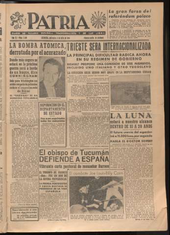 'Patria : diario de Falange Española Tradicionalista y de las J.O.N.S.' - Año XI Número 2990 - 1946 julio 3
