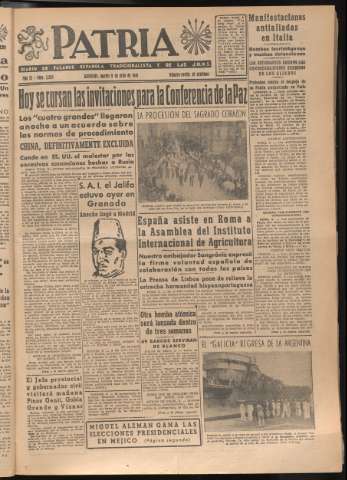 'Patria : diario de Falange Española Tradicionalista y de las J.O.N.S.' - Año XI Número 2995 - 1946 julio 9