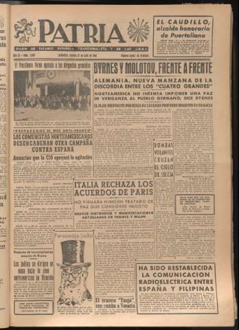 'Patria : diario de Falange Española Tradicionalista y de las J.O.N.S.' - Año XI Número 2998 - 1946 julio 12