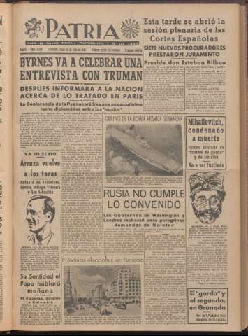 'Patria : diario de Falange Española Tradicionalista y de las J.O.N.S.' - Año XI Número 2ed_3000 - 1946 julio 15