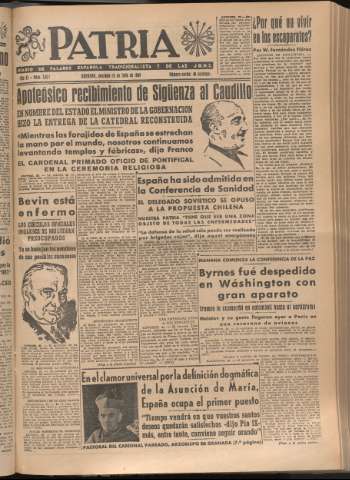 'Patria : diario de Falange Española Tradicionalista y de las J.O.N.S.' - Año XI Número 3012 - 1946 julio 28