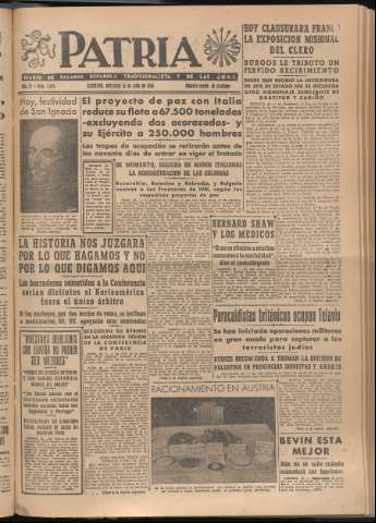 'Patria : diario de Falange Española Tradicionalista y de las J.O.N.S.' - Año XI Número 3014 - 1946 julio 31