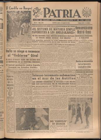 'Patria : diario de Falange Española Tradicionalista y de las J.O.N.S.' - Año XI Número 3019 - 1946 agosto 6