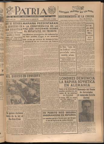 'Patria : diario de Falange Española Tradicionalista y de las J.O.N.S.' - Año XI Número 3022 - 1946 agosto 9