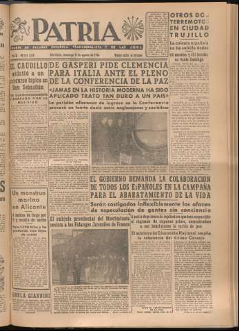 'Patria : diario de Falange Española Tradicionalista y de las J.O.N.S.' - Año XI Número 3024 - 1946 agosto 11