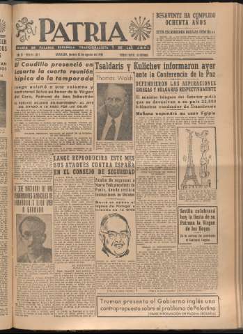 'Patria : diario de Falange Española Tradicionalista y de las J.O.N.S.' - Año XI Número 3027 - 1946 agosto 15