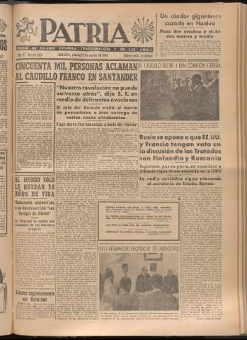'Patria : diario de Falange Española Tradicionalista y de las J.O.N.S.' - Año XI Número 3029 - 1946 agosto 17