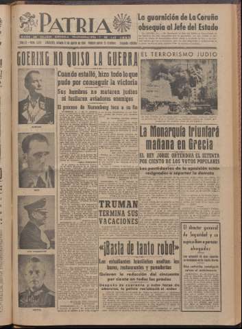 'Patria : diario de Falange Española Tradicionalista y de las J.O.N.S.' - Año XI Número 2ed_3041 - 1946 agosto 31