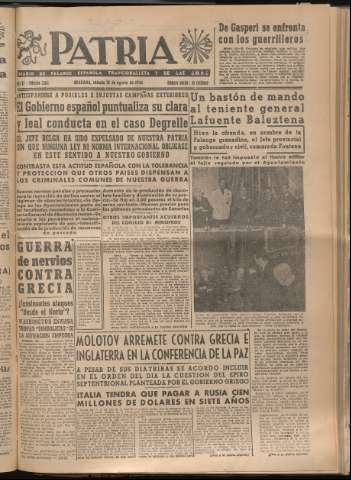 'Patria : diario de Falange Española Tradicionalista y de las J.O.N.S.' - Año XI Número 3041 - 1946 agosto 31