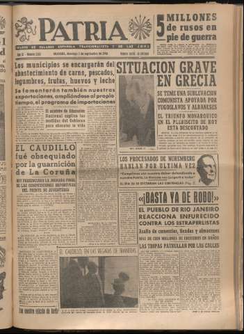 'Patria : diario de Falange Española Tradicionalista y de las J.O.N.S.' - Año XI Número 3042 - 1946 septiembre 1