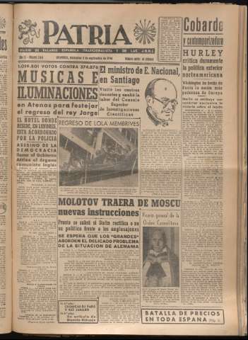 'Patria : diario de Falange Española Tradicionalista y de las J.O.N.S.' - Año XI Número 3044 - 1946 septiembre 4