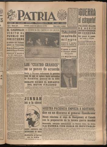 'Patria : diario de Falange Española Tradicionalista y de las J.O.N.S.' - Año XI Número 3045 - 1946 septiembre 5