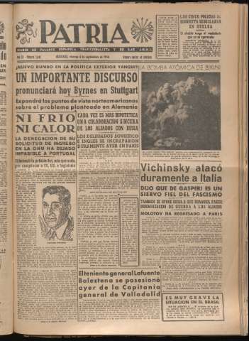 'Patria : diario de Falange Española Tradicionalista y de las J.O.N.S.' - Año XI Número 3046 - 1946 septiembre 6