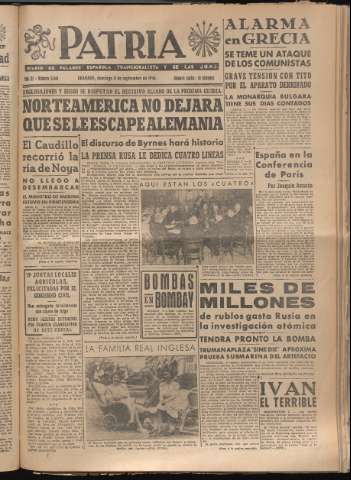 'Patria : diario de Falange Española Tradicionalista y de las J.O.N.S.' - Año XI Número 3048 - 1946 septiembre 8