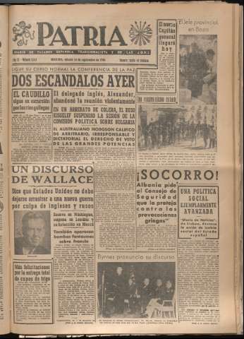 'Patria : diario de Falange Española Tradicionalista y de las J.O.N.S.' - Año XI Número 3053 - 1946 septiembre 14