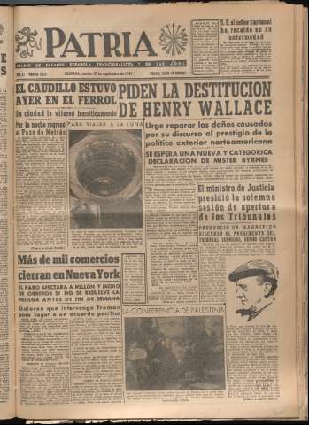 'Patria : diario de Falange Española Tradicionalista y de las J.O.N.S.' - Año XI Número 3055 - 1946 septiembre 17