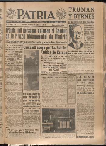 'Patria : diario de Falange Española Tradicionalista y de las J.O.N.S.' - Año XI Número 3058 - 1946 septiembre 20