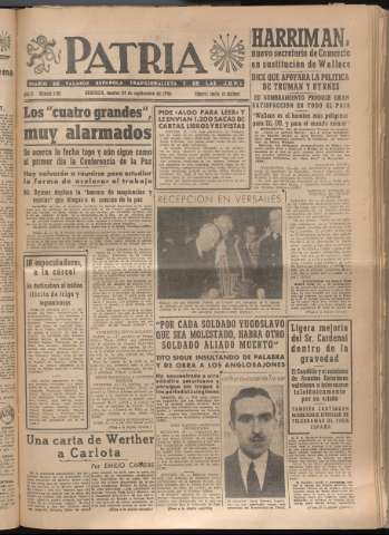 'Patria : diario de Falange Española Tradicionalista y de las J.O.N.S.' - Año XI Número 3061 - 1946 septiembre 24