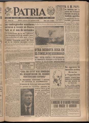 'Patria : diario de Falange Española Tradicionalista y de las J.O.N.S.' - Año XI Número 3062 - 1946 septiembre 25