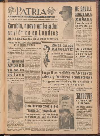 'Patria : diario de Falange Española Tradicionalista y de las J.O.N.S.' - Año XI Número 2ed_3065 - 1946 septiembre 28
